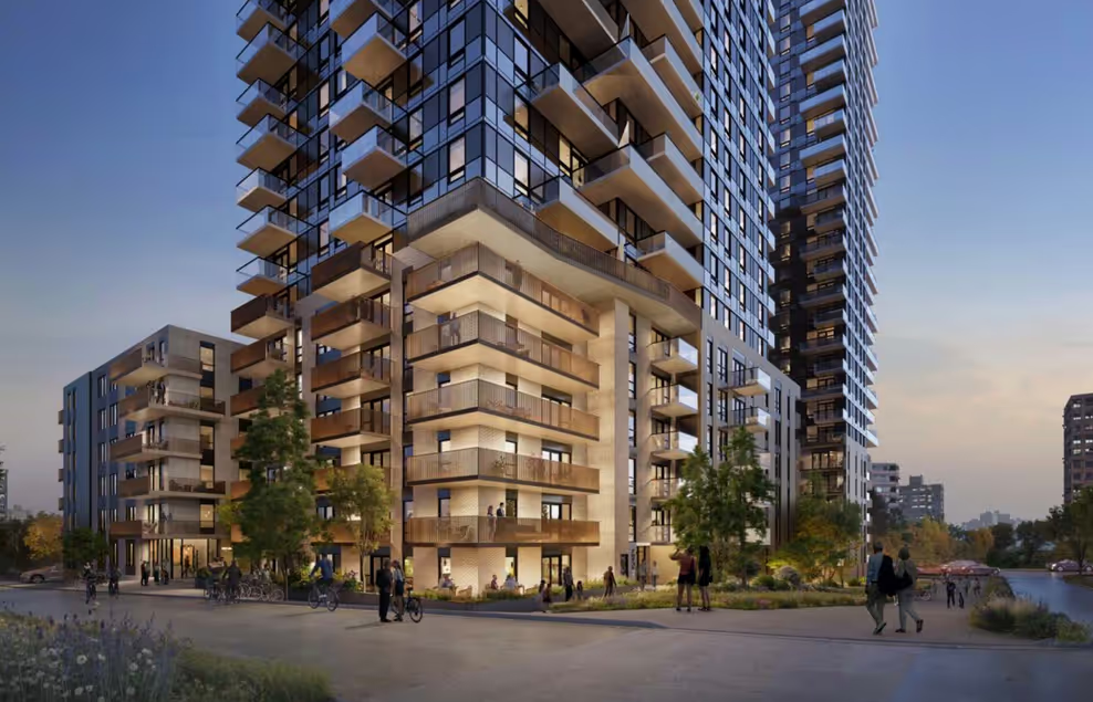 Street-level rendering of the Southwynd Place redevelopment showing pedestrians, balconies and the tower base at dusk