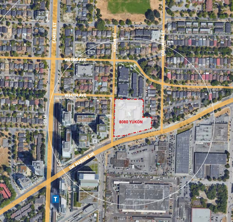 Aerial site plan showing the 8080 Yukon Street site outlined within a 250-metre radius of the Marine Drive SkyTrain Station