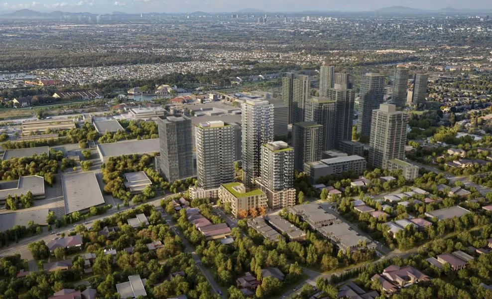 Aerial architectural rendering of the Southwynd Place redevelopment and the surrounding neighbourhood