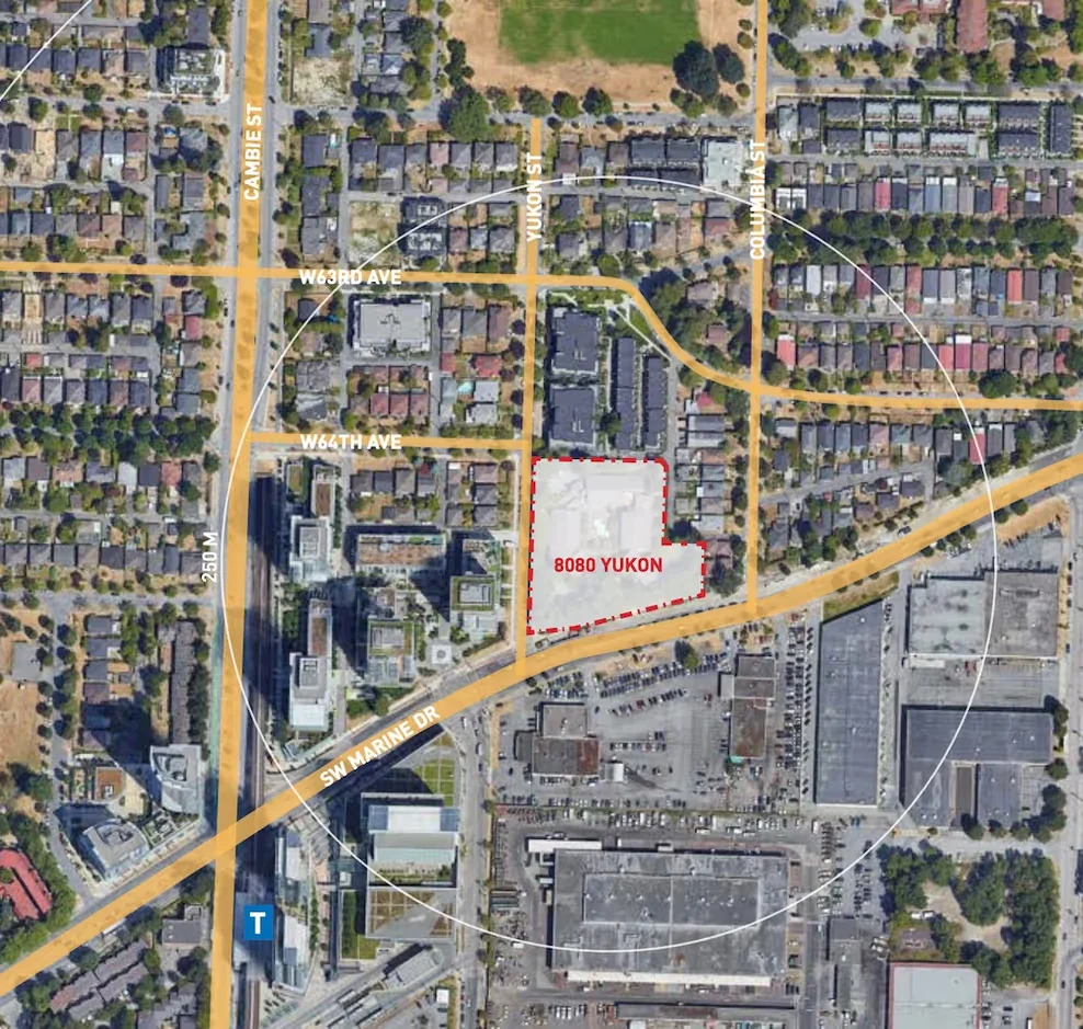 Aerial map showing 8080 Yukon Street at the centre of a 250-metre radius circle that reaches the Marine Drive SkyTrain Station